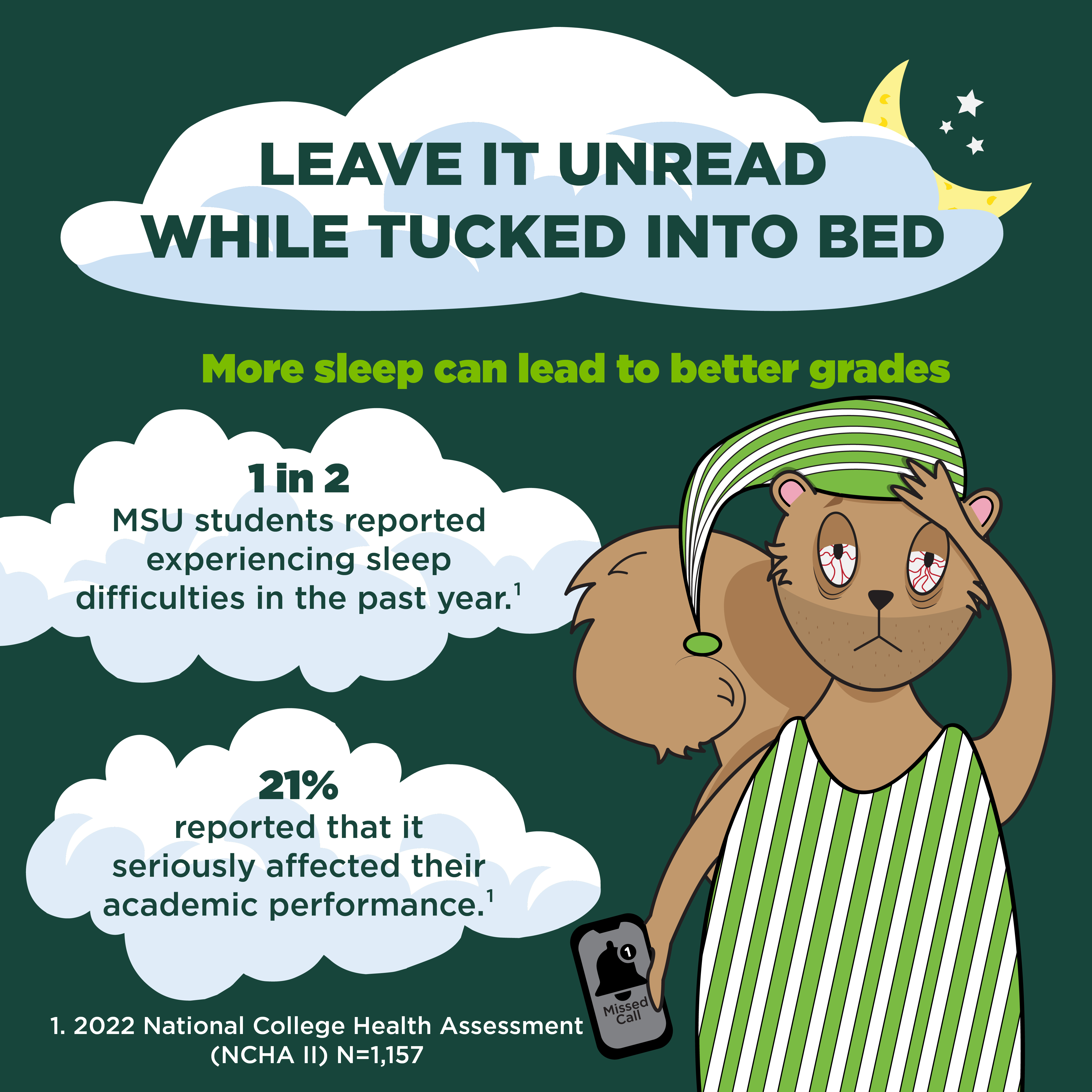 An illustration of a very sleepy squirrel. The text reads "Leave it Unread  When Tucked Into Bed More sleep can lead to better grades 1 in 2 MSU students reported experiencing sleep difficulties in the past year. 21%  reported that it seriously affected their academic performance."